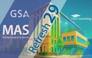 Composite of GSA HQ: left real stone facade, right vivid modern glass rendering, hinting at future upgrade. - Refresh 29 Preview Article - GDI Consulting