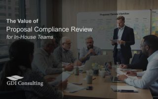 Corporate team reviewing a proposal compliance workflow in a conference room, highlighting the value of compliance reviews for in-house proposal teams. - GDI Consulting
