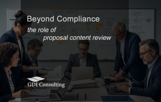 A team of professionals in a conference room reviewing documents, with a workflow chart on the wall. Text overlay reads: The Value of Proposal Compliance Review for In-House Teams, with GDI Consulting logo.
