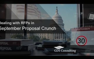 Stacks of federal RFP proposal binders with a calendar showing September 30, U.S. Capitol and flag in background - GDI Consulting