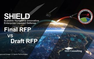 MDA SHIELD final RFP — Final vs Draft comparison hero image showing satellites over Earth, a missile intercept arc, digital overlays, the Missile Defense Agency emblem, and GDI Consulting logo.
