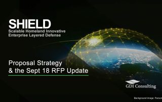 SHIELD subcontractor experience—proposal strategy and Sept 18 RFP update, globe network graphic (GDI Consulting).