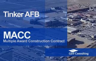 Banner for Tinker MACC proposal showing an aerial view of Tinker AFB with “MACC – Multiple Award Construction Contract” title and GDI Consulting logo.