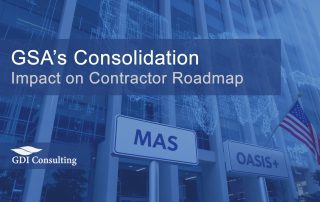 Federal office building with U.S. flag and signs reading “MAS” and “OASIS+,” illustrating OASIS+ and MAS consolidation and its impact on contractor roadmaps.