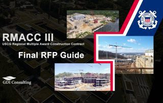 RMACC III Final RFP guide for USCG Regional Multiple Award Construction Contract; construction site collage with GDI Consulting branding.