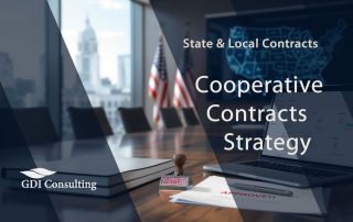 Cooperative contracts strategy hero: municipal boardroom with U.S. flags, laptop on e-procurement portal, binders, and an APPROVED stamp — GDI Consulting.