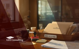Sunlit county procurement office desk with “BIDS RECEIVED” tray, sealed envelopes, ADDENDUM stamp and maps—illustrating Outsourced RFP Support. GDI Consulting