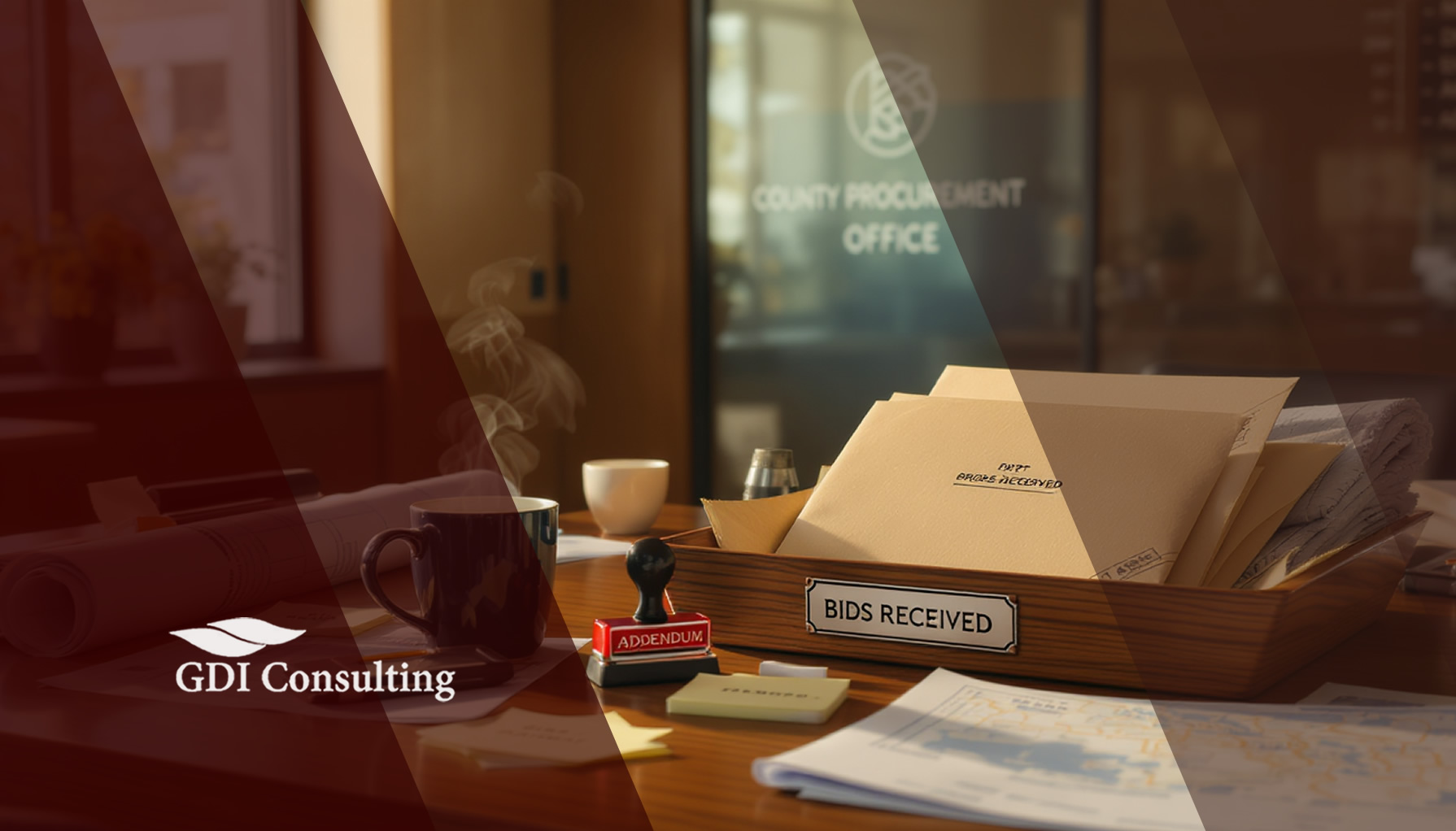 Sunlit county procurement office desk with “BIDS RECEIVED” tray, sealed envelopes, ADDENDUM stamp and maps—illustrating Outsourced RFP Support. GDI Consulting