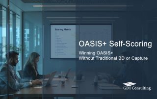 Conference room team reviewing a scoring matrix on screen with overlay text about OASIS+ self scoring and winning without BD.