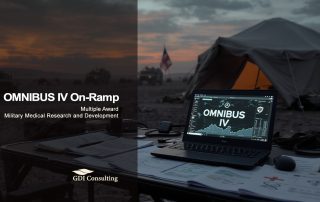 Laptop displaying “OMNIBUS IV” on a field desk at a forward military base at dusk, with tents, vehicles, and GDI Consulting branding, illustrating the OMNIBUS IV On-Ramp Preview for military medical research and development.