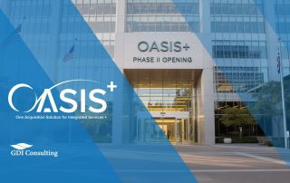 Hero image of a modern federal office building labeled “OASIS+ Phase II Opening” with OASIS+ and GDI Consulting logos.