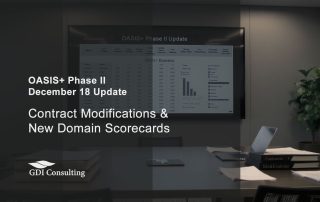 GDIC Consulting graphic showing OASIS+ Phase II December 18 update with contract modifications and new domain scorecards on a conference room screen.