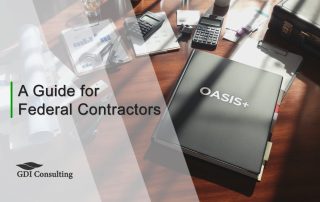 OASIS+ binder on a conference table with procurement documents and tools, “Guide for Federal Contractors” overlay.