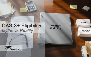 OASIS+ Eligibility binder on a conference table with “Myth” and “Reality” cards, calculator, and documents.