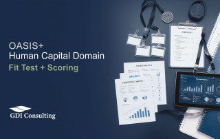 Illustration-style hero banner for OASIS+ Human Capital Domain showing HR analytics dashboards, ID badges, and a checklist, with GDIC logo.
