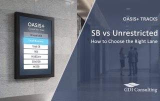 OASIS+ track selection kiosk in a federal building hallway with overlay text ‘SB vs Unrestricted’ and GDI Consulting logo.