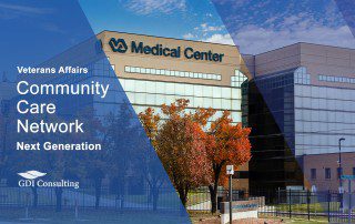 Exterior of a VA Medical Center with a blue graphic overlay reading “Veterans Affairs Community Care Network – Next Generation,” branded by GDI Consulting.