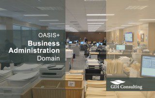 Busy administrative office with staff at workstations, stacks of paperwork and files, and an overlay for OASIS+ Business Administration domain - GDI Consulting.