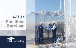 Two technicians in hard hats inspect rooftop HVAC equipment, with an “OASIS+ Facilities Services” banner and GDIC Consulting logo overlay.