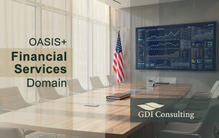 Modern conference room with a U.S. flag and financial dashboard screen, overlaid with the text “OASIS+ Financial Services Domain” and GDIC logo.