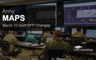 Army MAPS March 10 Draft RFP Changes cover image showing uniformed personnel in a military operations center with multiple large wall screens and computer workstations, with GDI Consulting logo in the lower right.