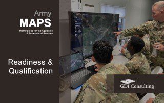 Army MAPS article cover showing soldiers reviewing a digital map, with the title “Readiness & Qualification” and GDI Consulting branding.
