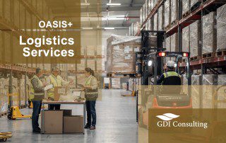 Alt text: **Warehouse logistics scene with workers reviewing shipments and a forklift moving palletized goods for OASIS+ Logistics Services.**