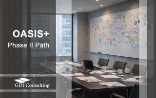 OASIS+ Phase II path decision illustrated by a strategy room with scattered papers and a whiteboard showing multiple routes