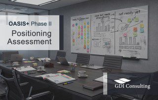 Boardroom scene with a conference table covered in binders, notes, and coffee cups, facing a large whiteboard divided into three OASIS+ Phase II positioning assessment sections, with the title “OASIS+ Phase II Positioning Assessment” and GDI Consulting branding overlayed on the image.