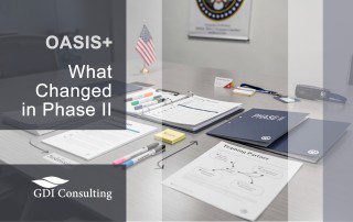 Conference table with proposal documents, a laptop, a small U.S. flag, and OASIS+ Phase II title overlay in a government contracting setting