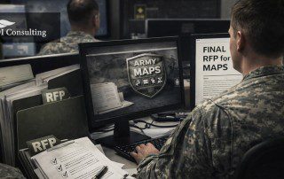 Army personnel in camouflage uniforms work at computer stations from a rear angle in a dim operations office, reviewing MAPS and final RFP materials on screen, with RFP folders and paperwork in the foreground and a GDI Consulting logo in the upper-left corner.