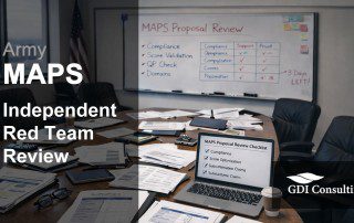 Executive conference room with MAPS proposal materials on table, laptop checklist, and whiteboard showing compliance, score validation, and qualifying project review for an independent Red Team review.