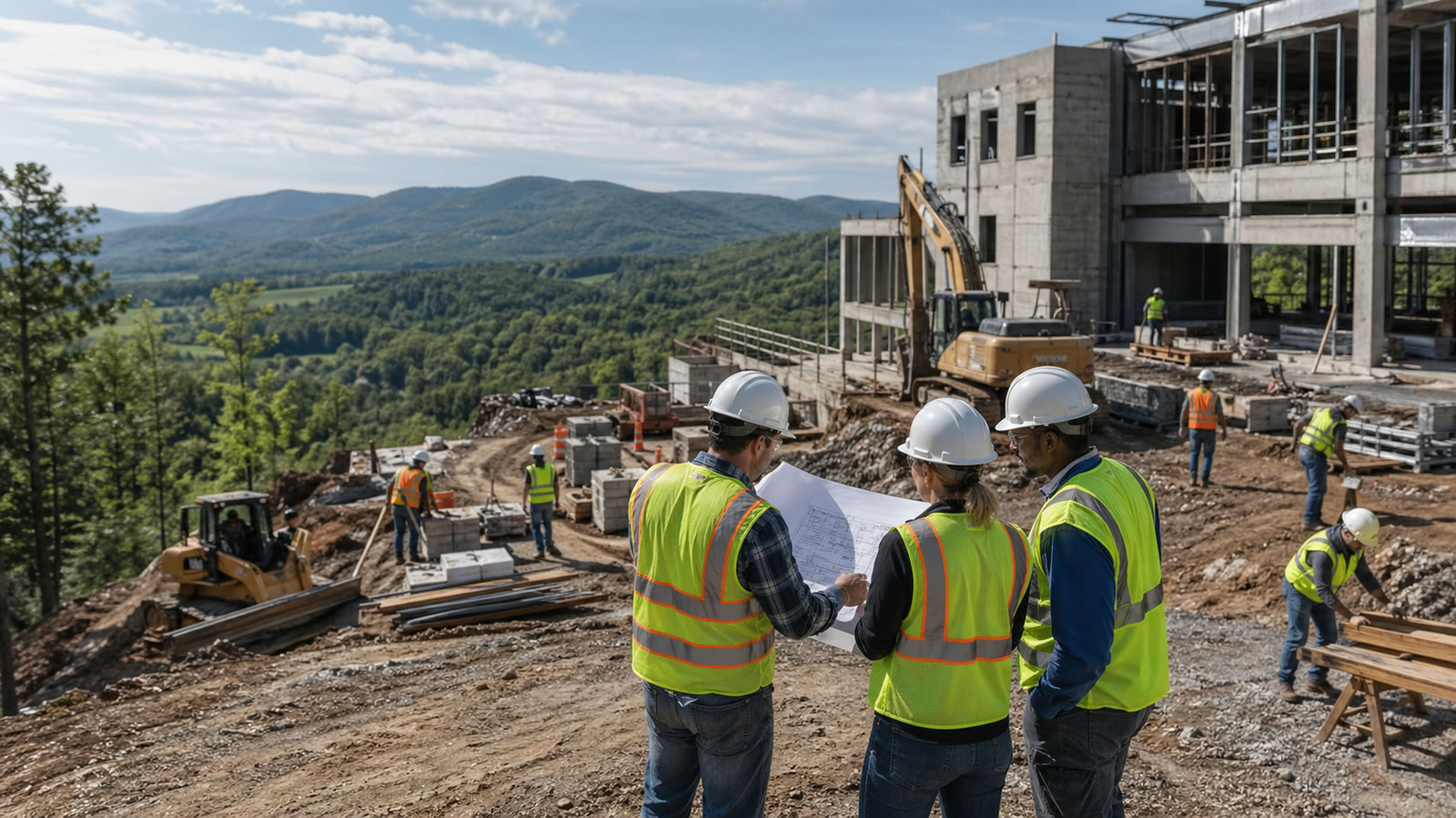 Construction managers reviewing plans at a federal construction jobsite in the Mid-Atlantic Appalachia region
