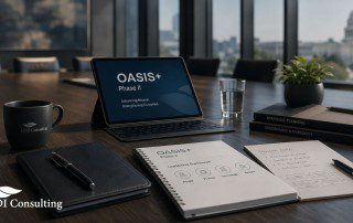 Boardroom table with OASIS+ Phase II briefing materials and leadership planning notes.
