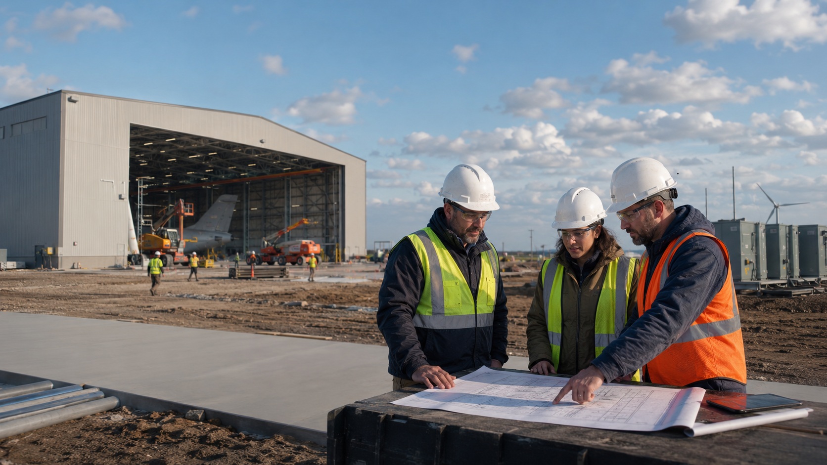 Construction managers reviewing plans at a Midwest federal construction jobsite with hangar and utility infrastructure in the background