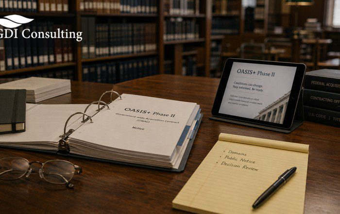 OASIS+ Phase II binder, GSA notice notes, and Decision Review checklist on a government contracting workspace with GDIC Consulting logo.