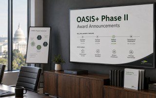 Modern executive conference room with OASIS+ Phase II Award Announcements displayed on a wall screen and GDI Consulting materials.