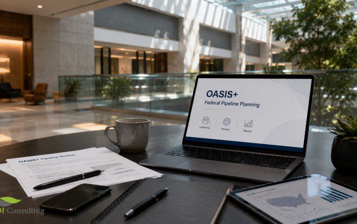 Modern building atrium workspace with a laptop displaying “OASIS+ Federal Pipeline Planning,” printed OASIS+ pipeline review documents, tablet charts, notebook, pen, coffee mug, and GDIC logo overlay.