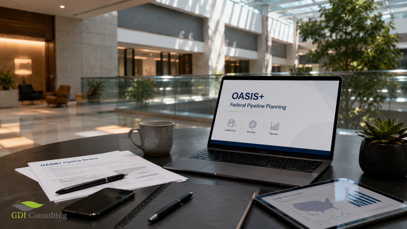 Modern building atrium workspace with a laptop displaying “OASIS+ Federal Pipeline Planning,” printed OASIS+ pipeline review documents, tablet charts, notebook, pen, coffee mug, and GDIC logo overlay.