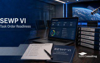 SEWP VI task order readiness graphic showing a contract-management workspace with a pipeline dashboard, readiness checklist, contract documentation, compliance binders, and a space-themed background.