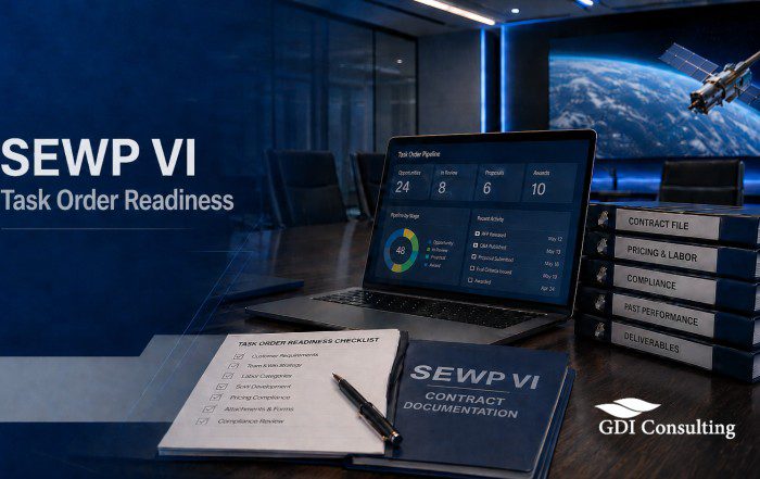 SEWP VI task order readiness graphic showing a contract-management workspace with a pipeline dashboard, readiness checklist, contract documentation, compliance binders, and a space-themed background.