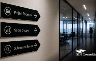 Modern office hallway with three green directional signs labeled Project Evidence, Score Support, and Submission Review, representing the review steps needed for OASIS+ submission readiness.