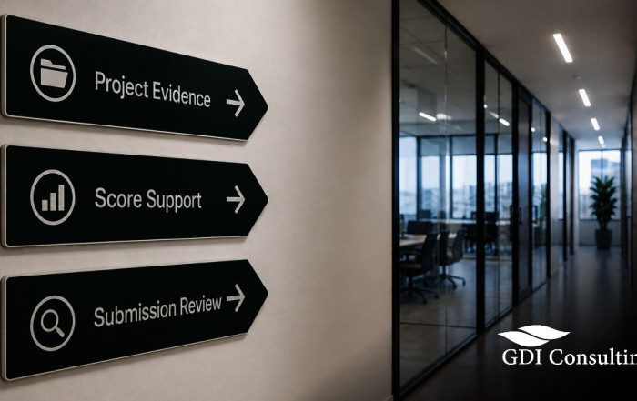 Modern office hallway with three green directional signs labeled Project Evidence, Score Support, and Submission Review, representing the review steps needed for OASIS+ submission readiness.