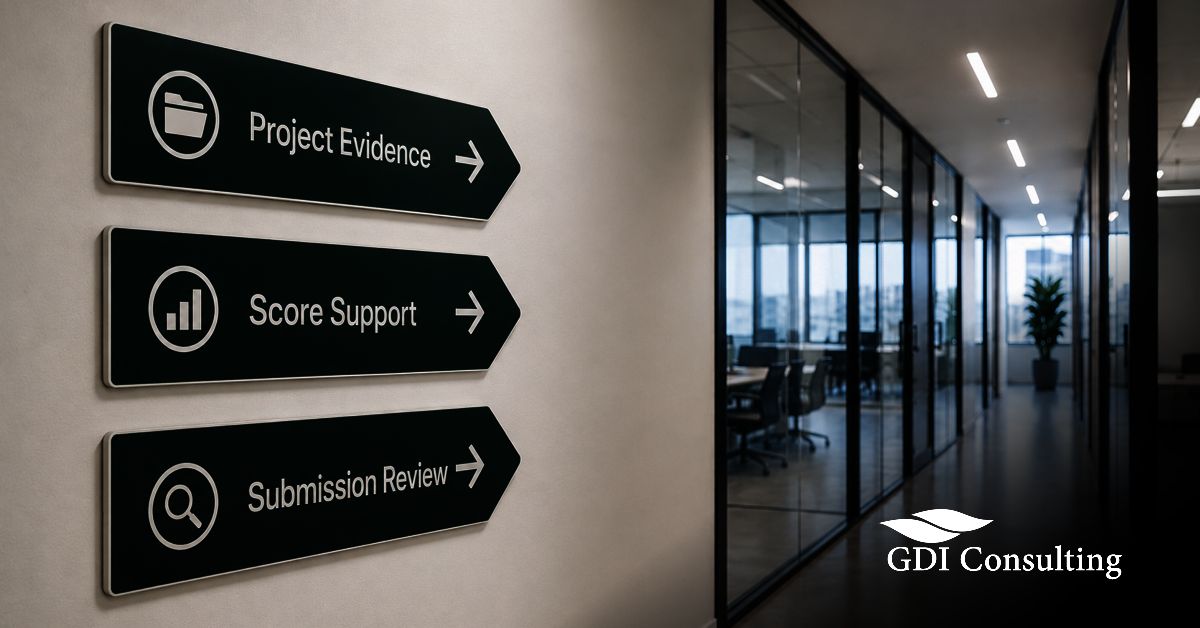 Modern office hallway with three green directional signs labeled Project Evidence, Score Support, and Submission Review, representing the review steps needed for OASIS+ submission readiness.