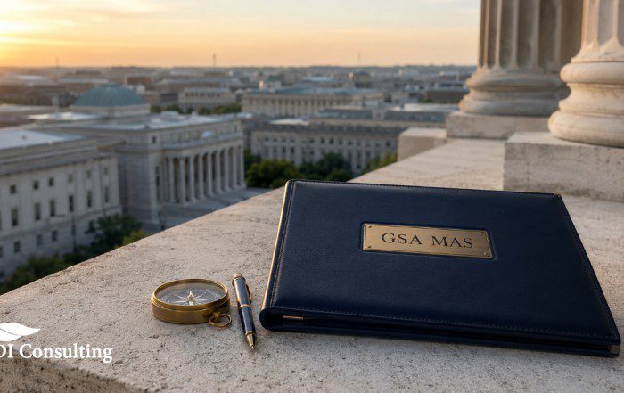 Navy GSA MAS portfolio with a compass and pen overlooking federal buildings in Washington, D.C., at sunrise.