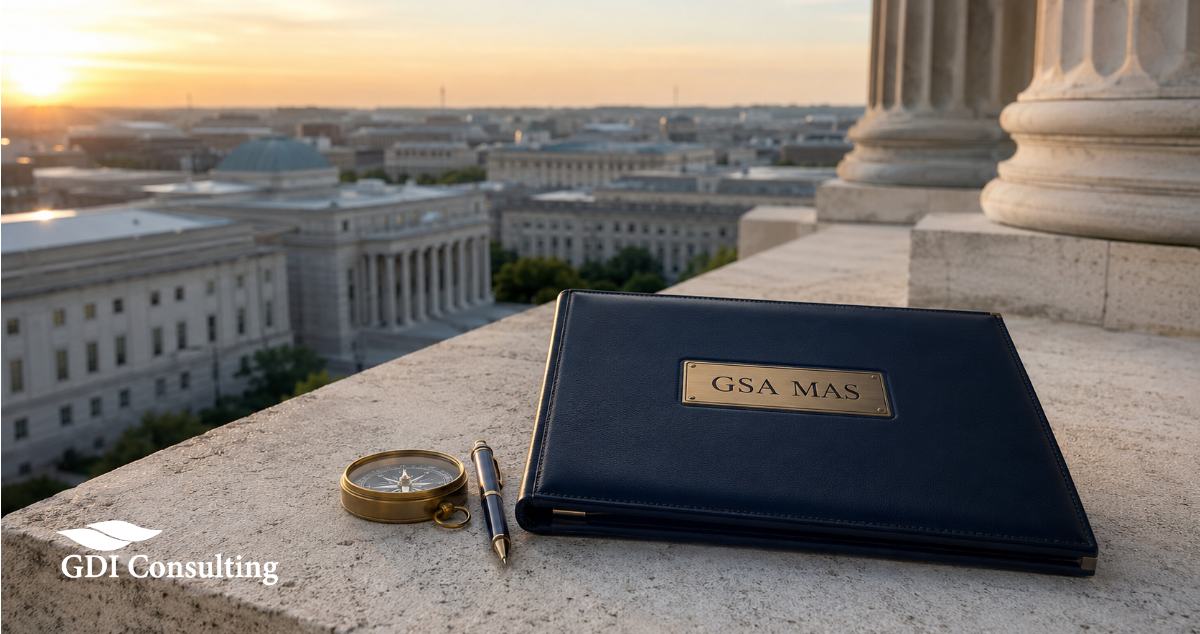 Navy GSA MAS portfolio with a compass and pen overlooking federal buildings in Washington, D.C., at sunrise.