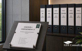 OASIS+ Amendment 9 review packet with a July 15 deadline marker beside six binders labeled for the SB, 8(a), HUBZone, SDVOSB, WOSB, and Unrestricted IDIQ contracts, with the GDI Consulting logo.