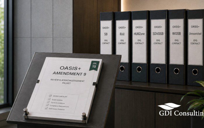 OASIS+ Amendment 9 review packet with a July 15 deadline marker beside six binders labeled for the SB, 8(a), HUBZone, SDVOSB, WOSB, and Unrestricted IDIQ contracts, with the GDI Consulting logo.