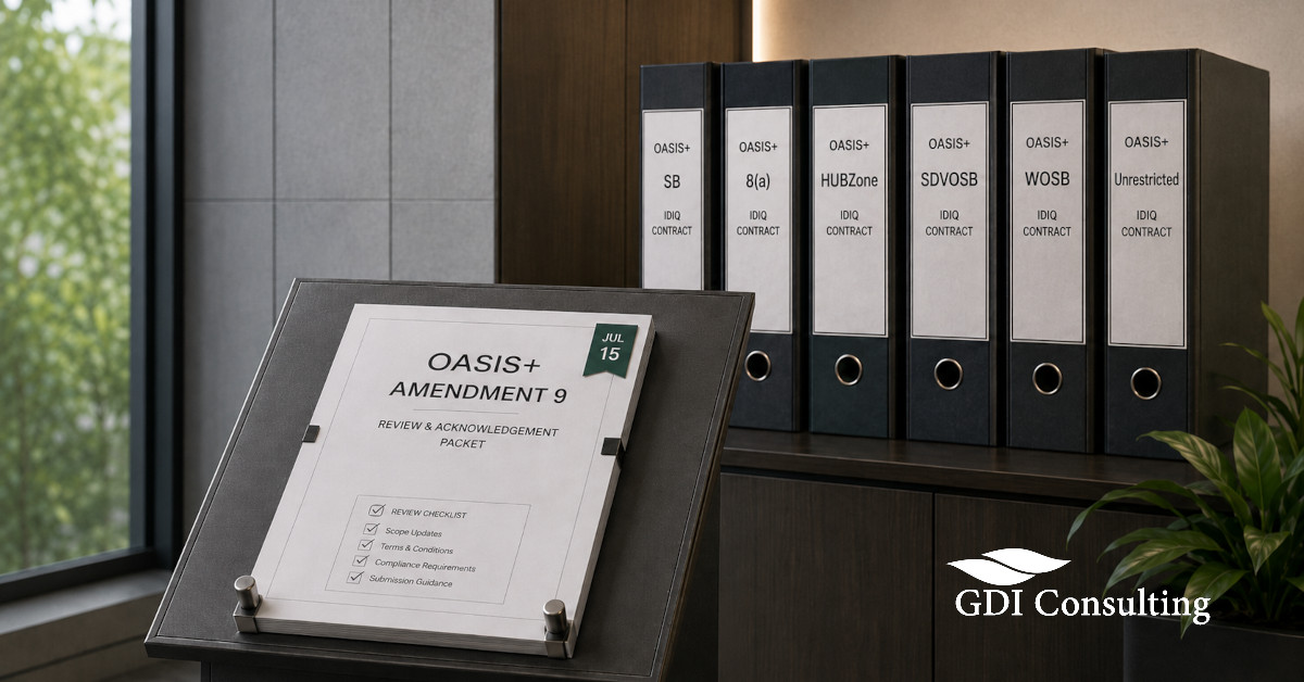 OASIS+ Amendment 9 review packet with a July 15 deadline marker beside six binders labeled for the SB, 8(a), HUBZone, SDVOSB, WOSB, and Unrestricted IDIQ contracts, with the GDI Consulting logo.