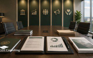 Executive government contracting conference room with project qualification documents, scoring materials, and symbols representing the five new OASIS+ service domains.